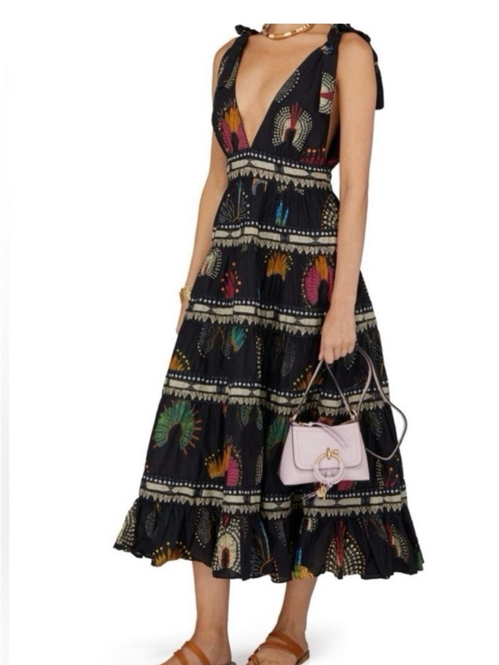 FARM Rio Black Tiered Midi Dress with Multicolor Sunburst Print - Picture 2 of 5